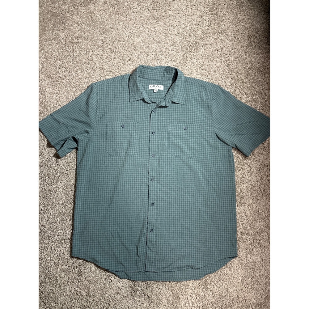 Orvis Classic Collection Mens Large Green Micro Check Short Sleeve Button Up